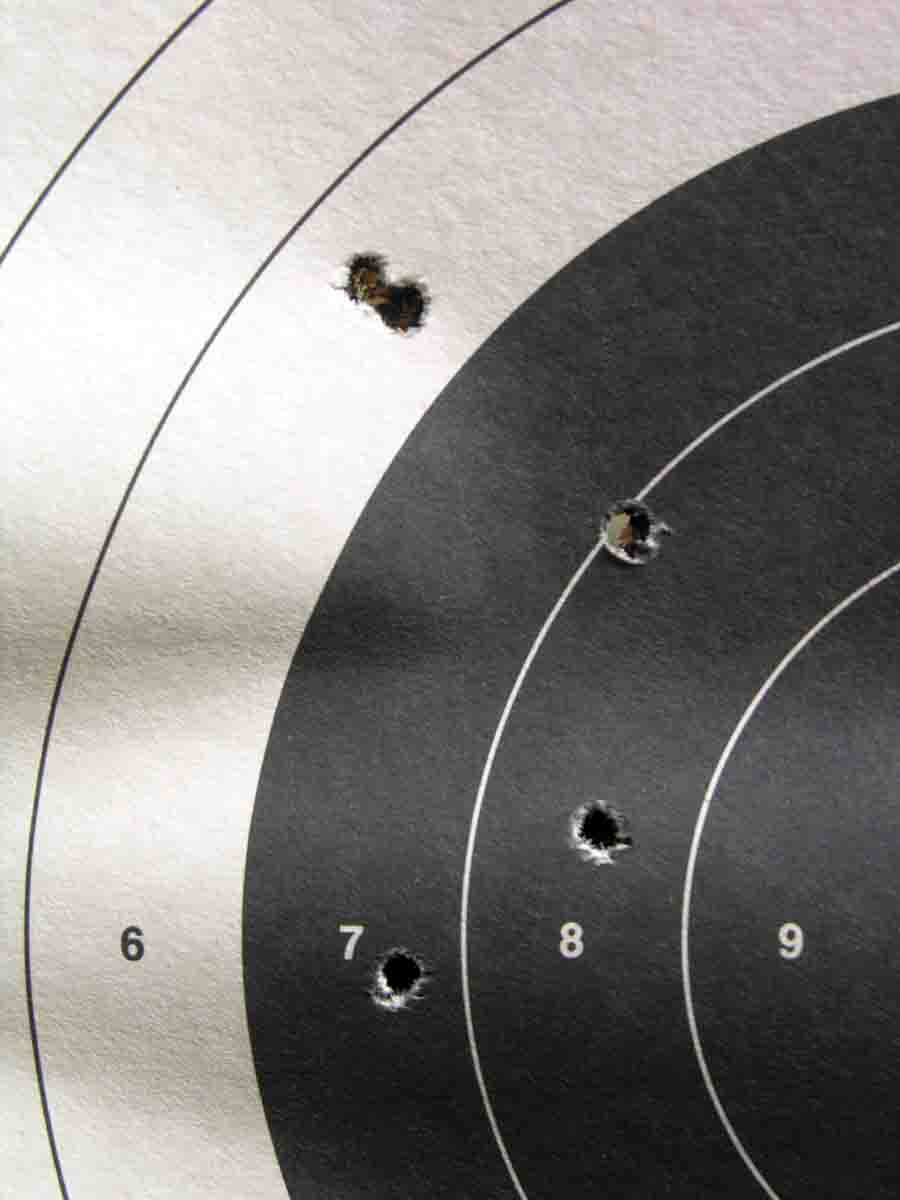 Mike considers this five-shot, 100-yard group of about 41⁄2 inches as normal for the MP44 with handloads or factory loads.